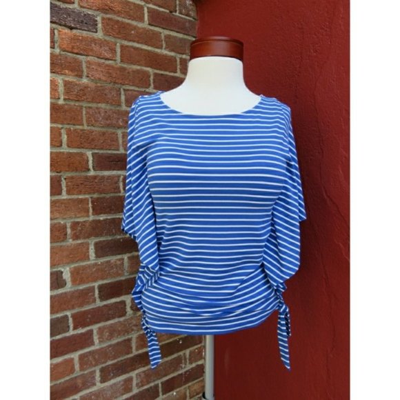 Chico's Cute Stripe Tie Waist Drapey Dolman Sleeve Stretch Top Blue Small NEW - Picture 5 of 7